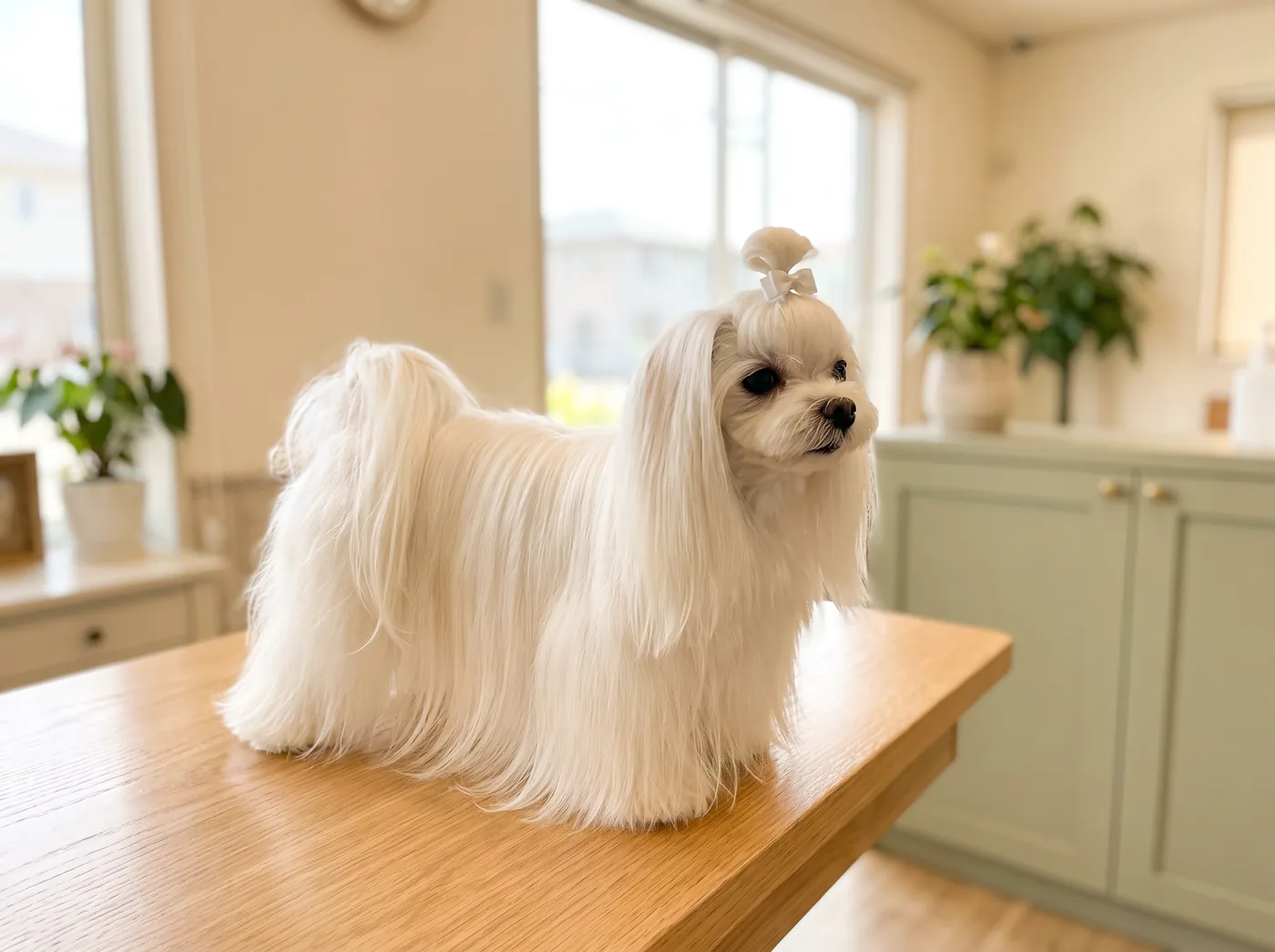 A Maltese in full show length coat with a topknot