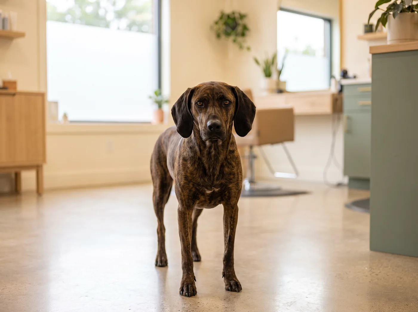 A Plott Hound, a brindle coonhound from Germany with a five minute coat