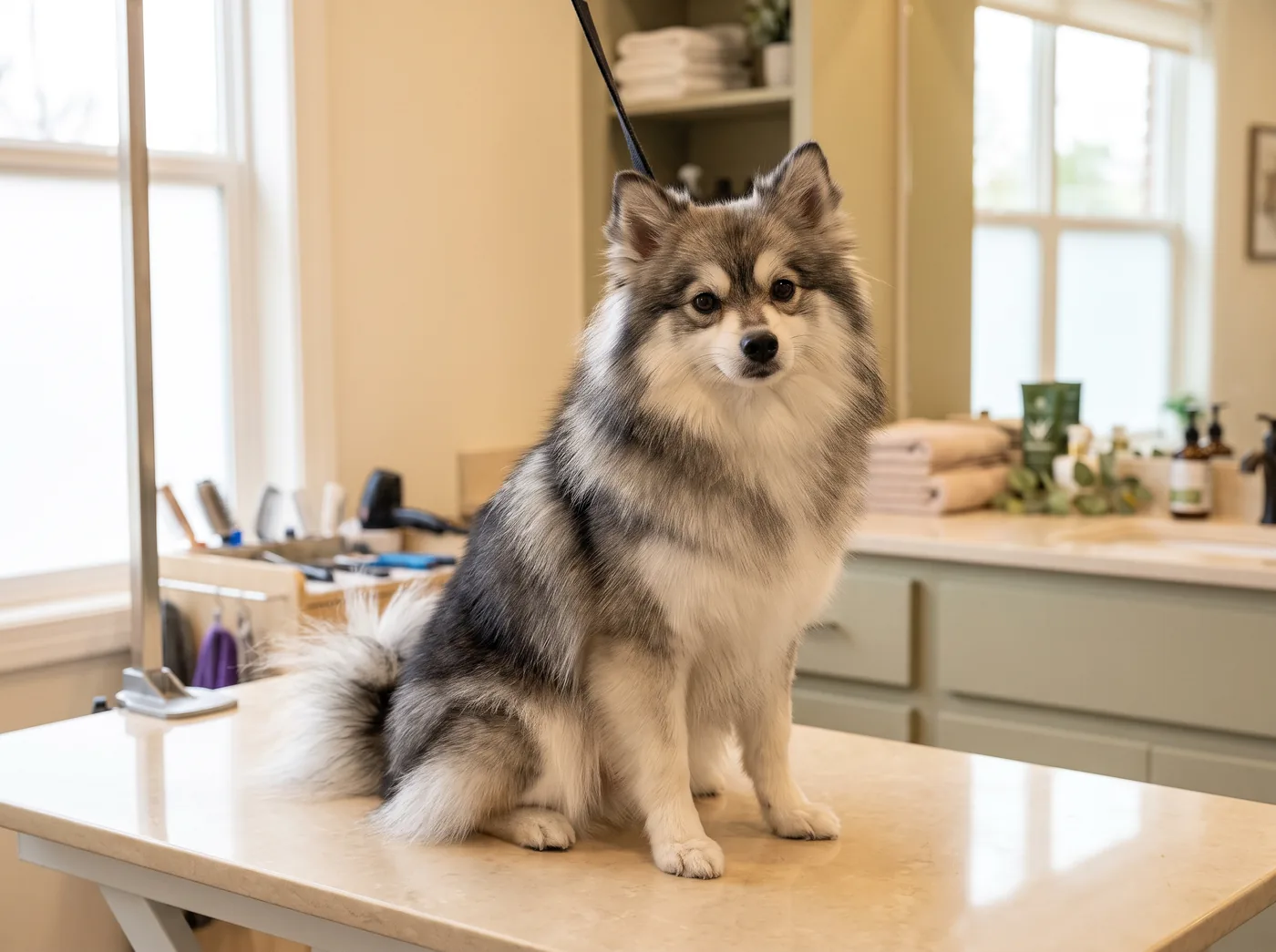 A Pomsky, a full husky double coat on a much smaller frame