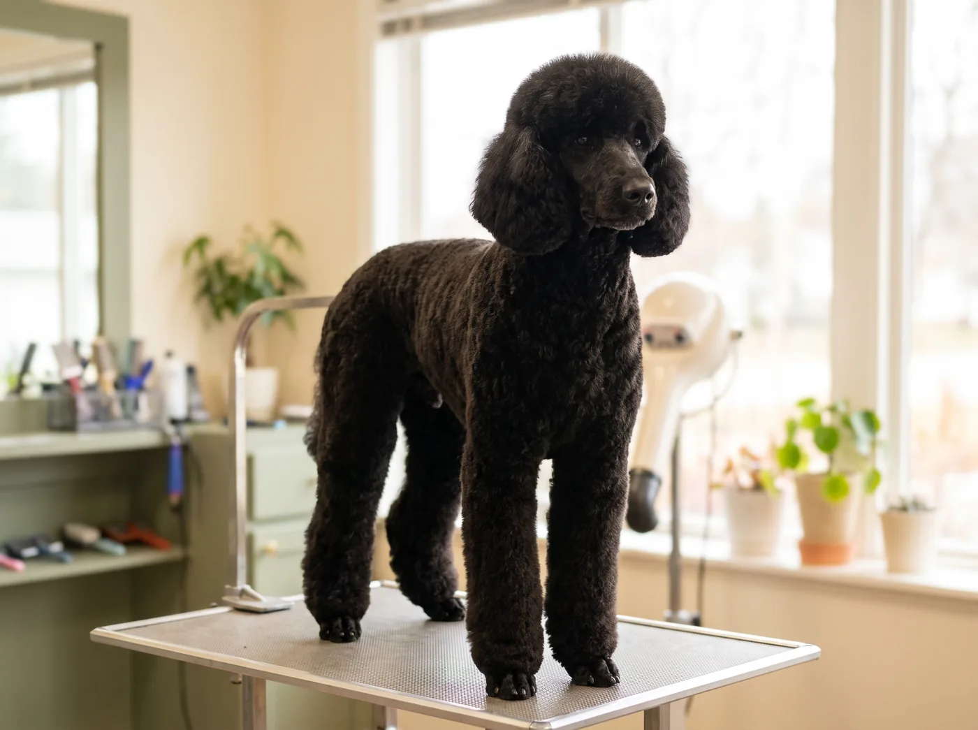 A Standard Poodle in a scissored pet trim showing the tight curl