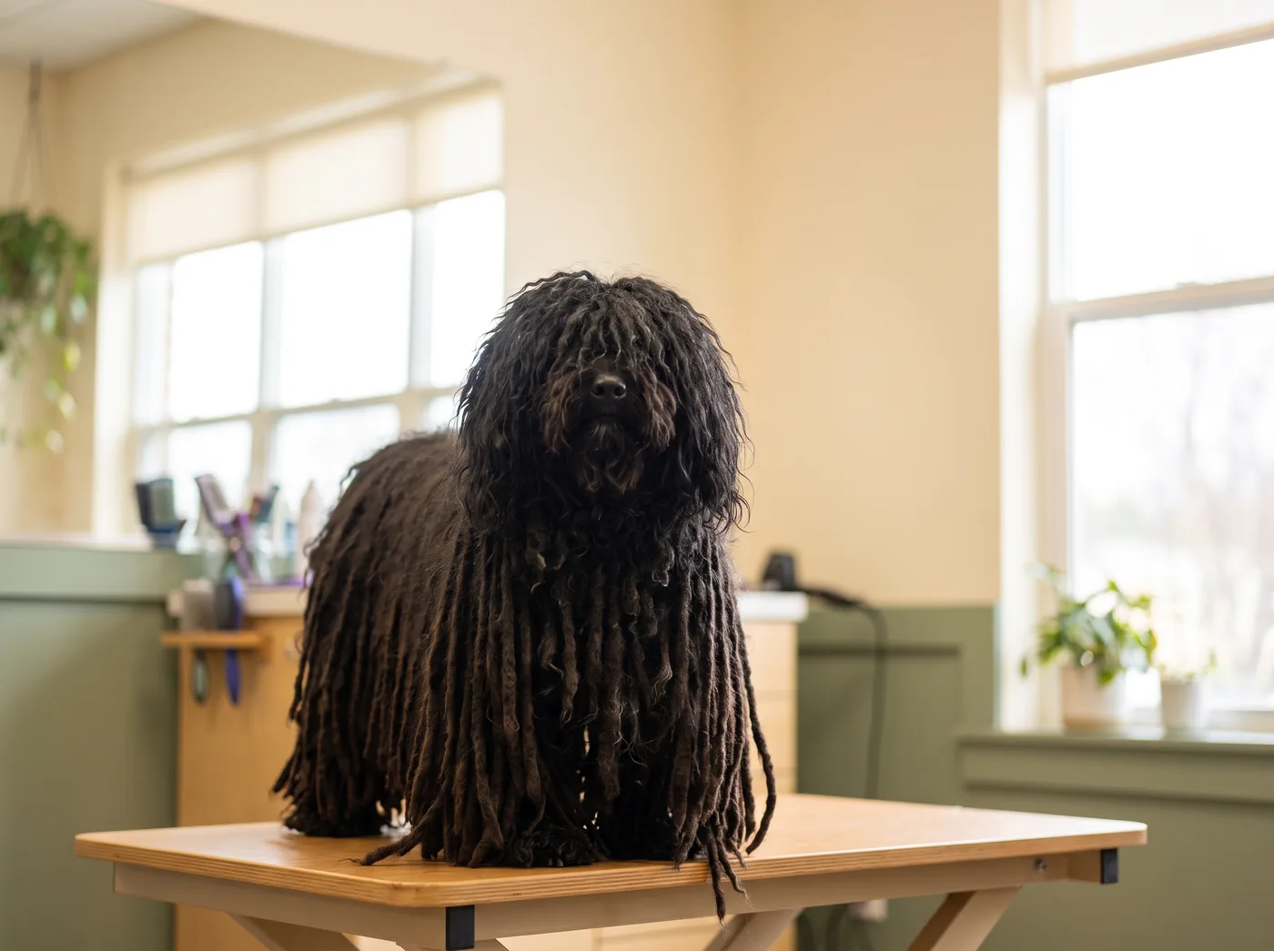 A Puli, a corded coat that is separated by hand and never brushed