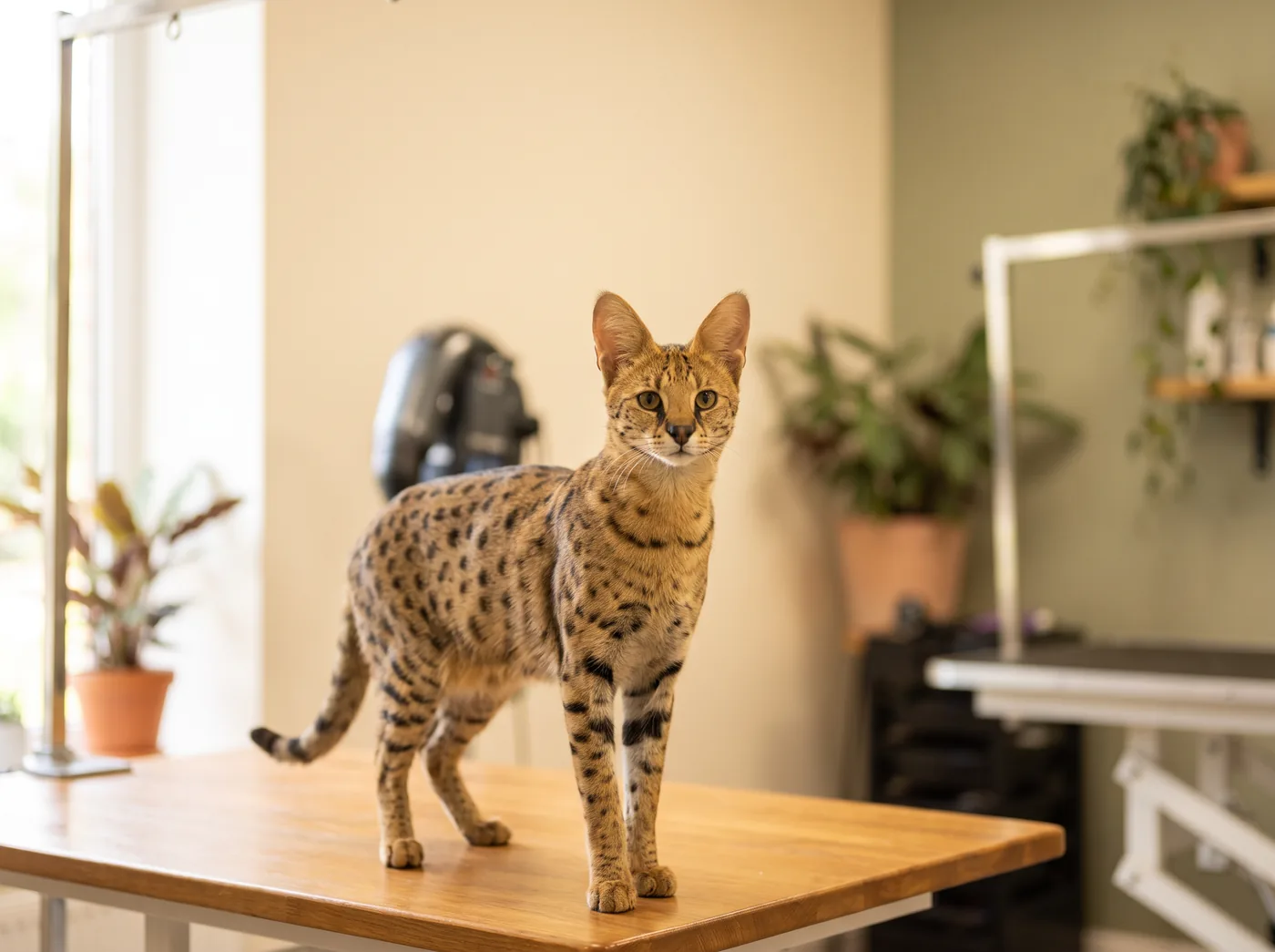 A Savannah, a very short coat on a cat built like nothing else