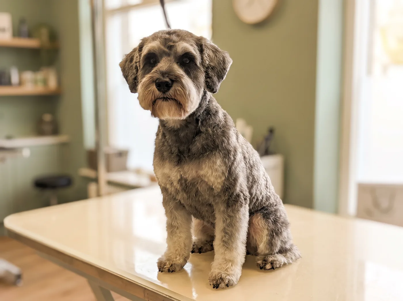 A Schnoodle, a Schnauzer and Poodle cross that is always scissored
