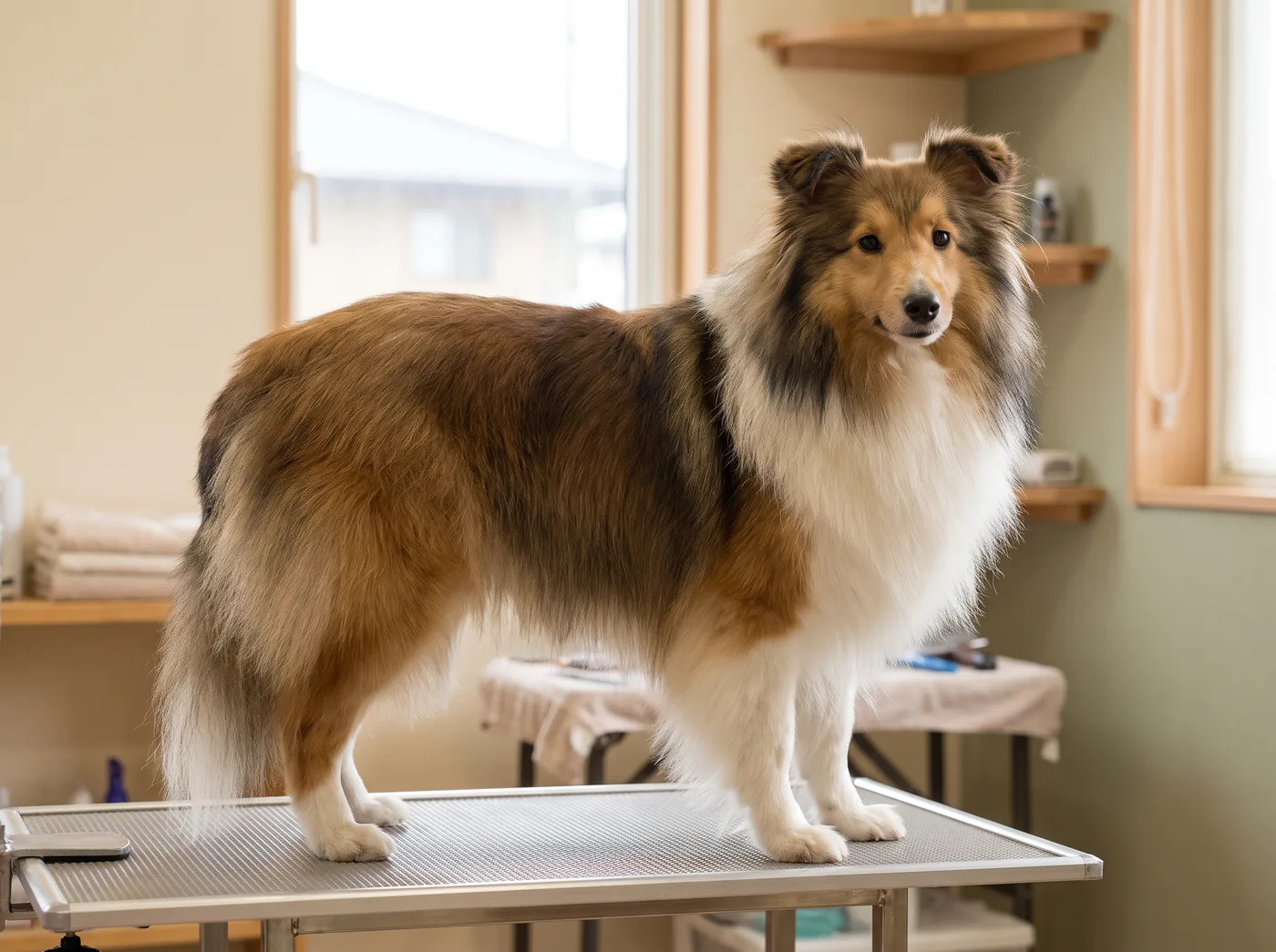 A Shetland Sheepdog, an enormous coat on a surprisingly small dog