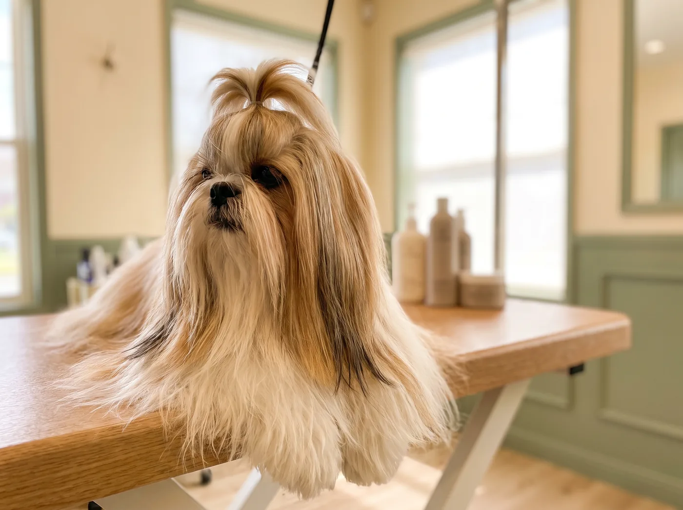 A Shih Tzu in full silky coat with the face hair tied up