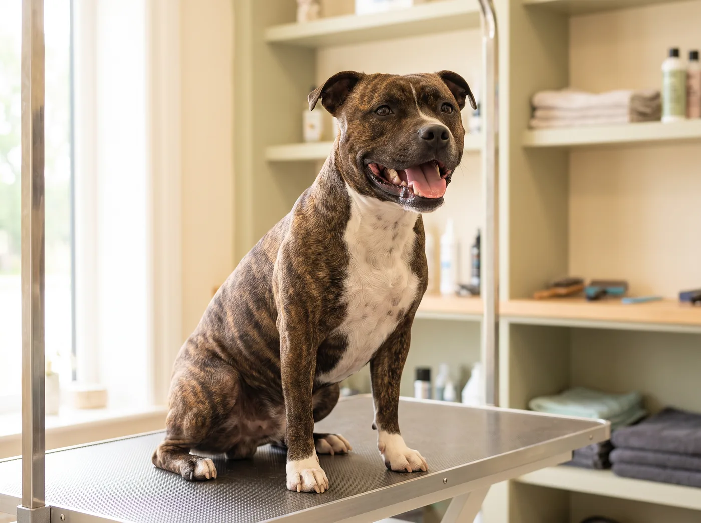 A Staffordshire Bull Terrier, a terrier with almost no coat at all