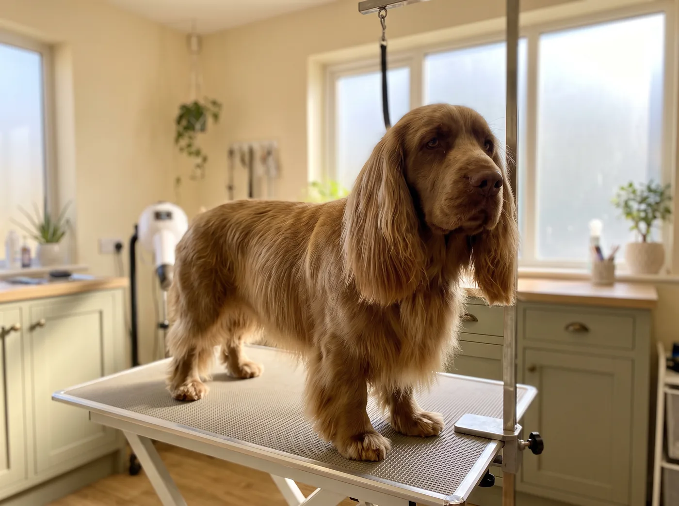 A Sussex Spaniel, a heavy coat on the lowest and longest of the spaniels