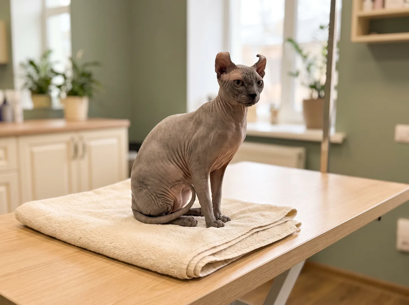 A Ukrainian Levkoy, hairless skin plus the folded ear that carries real disease