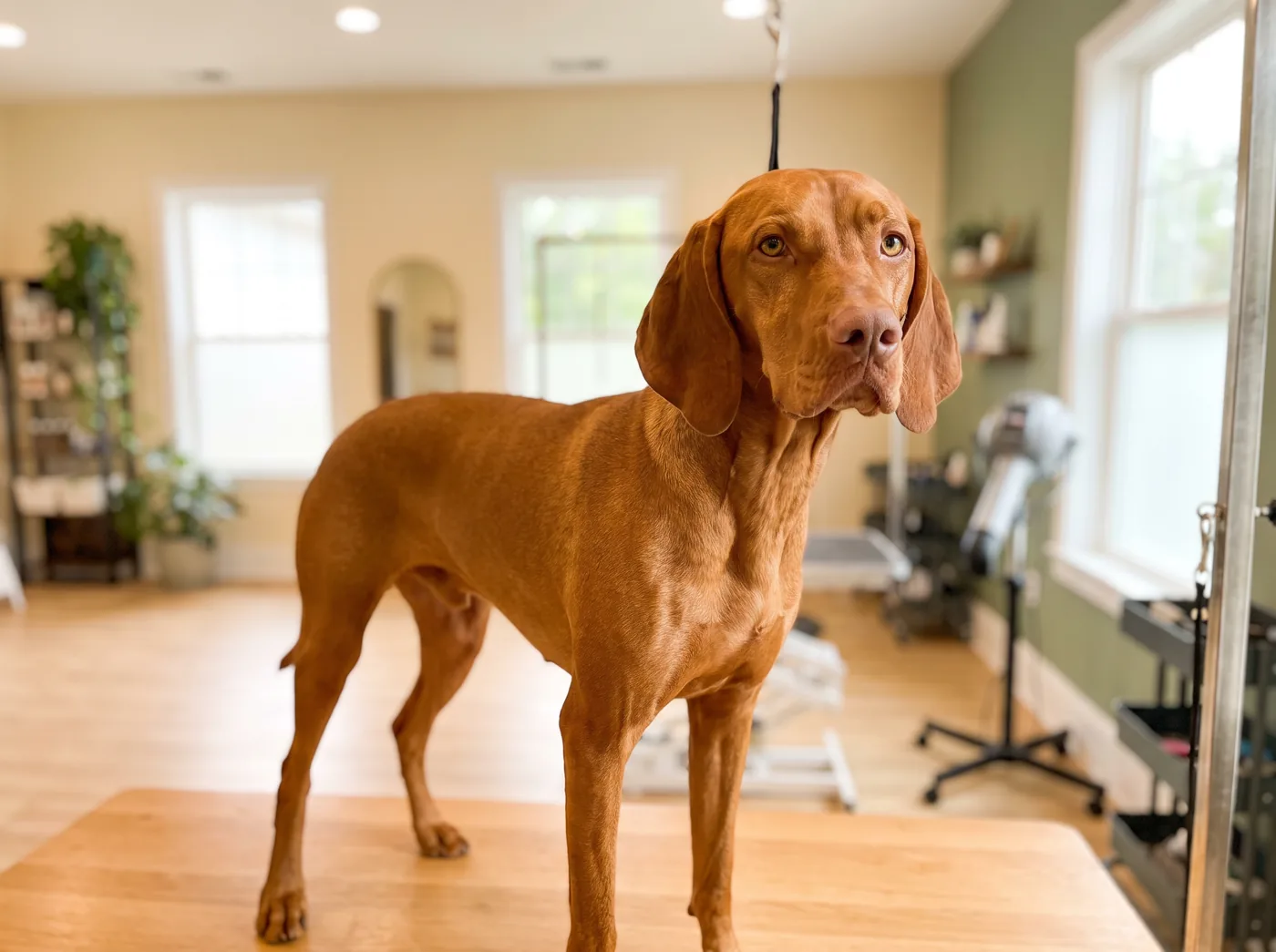 A Vizsla, a single coat so thin the dog feels every draft