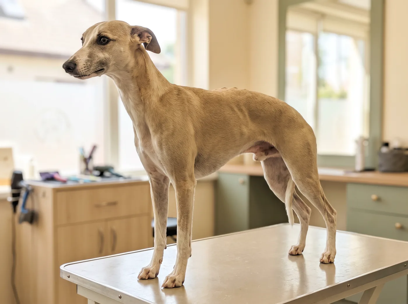 A Whippet, almost no coat over skin thin enough to tear