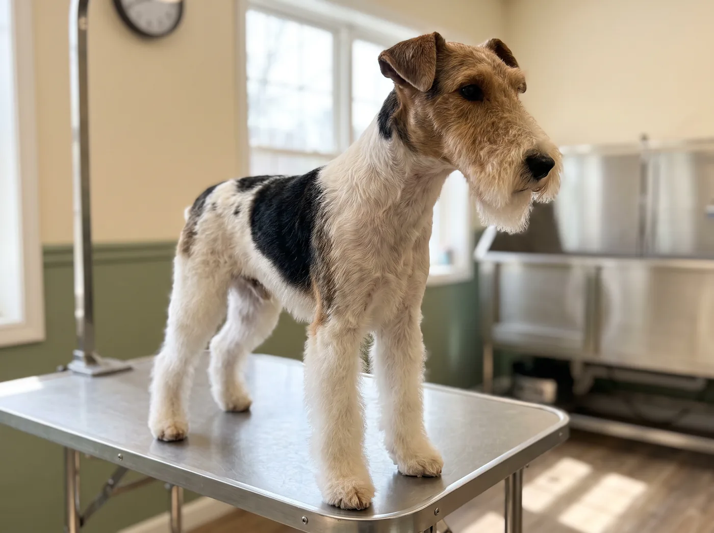 A Wire Fox Terrier, a harsh jacket sculpted into a sharp show outline