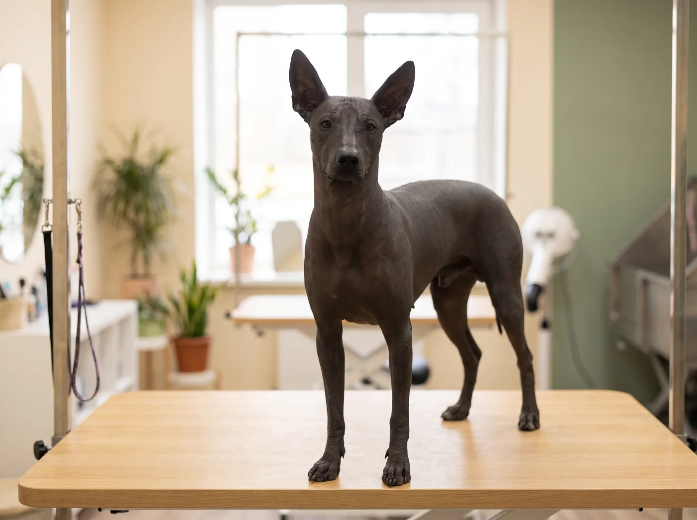 A Xoloitzcuintli, hairless skin that is tougher and drier than a Sphynx