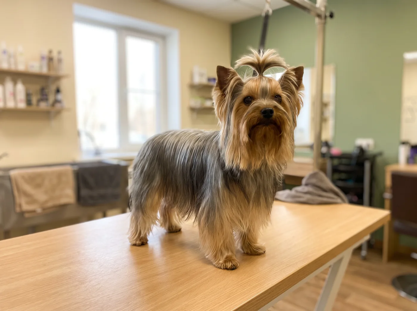 A Yorkshire Terrier in long silky coat with a topknot
