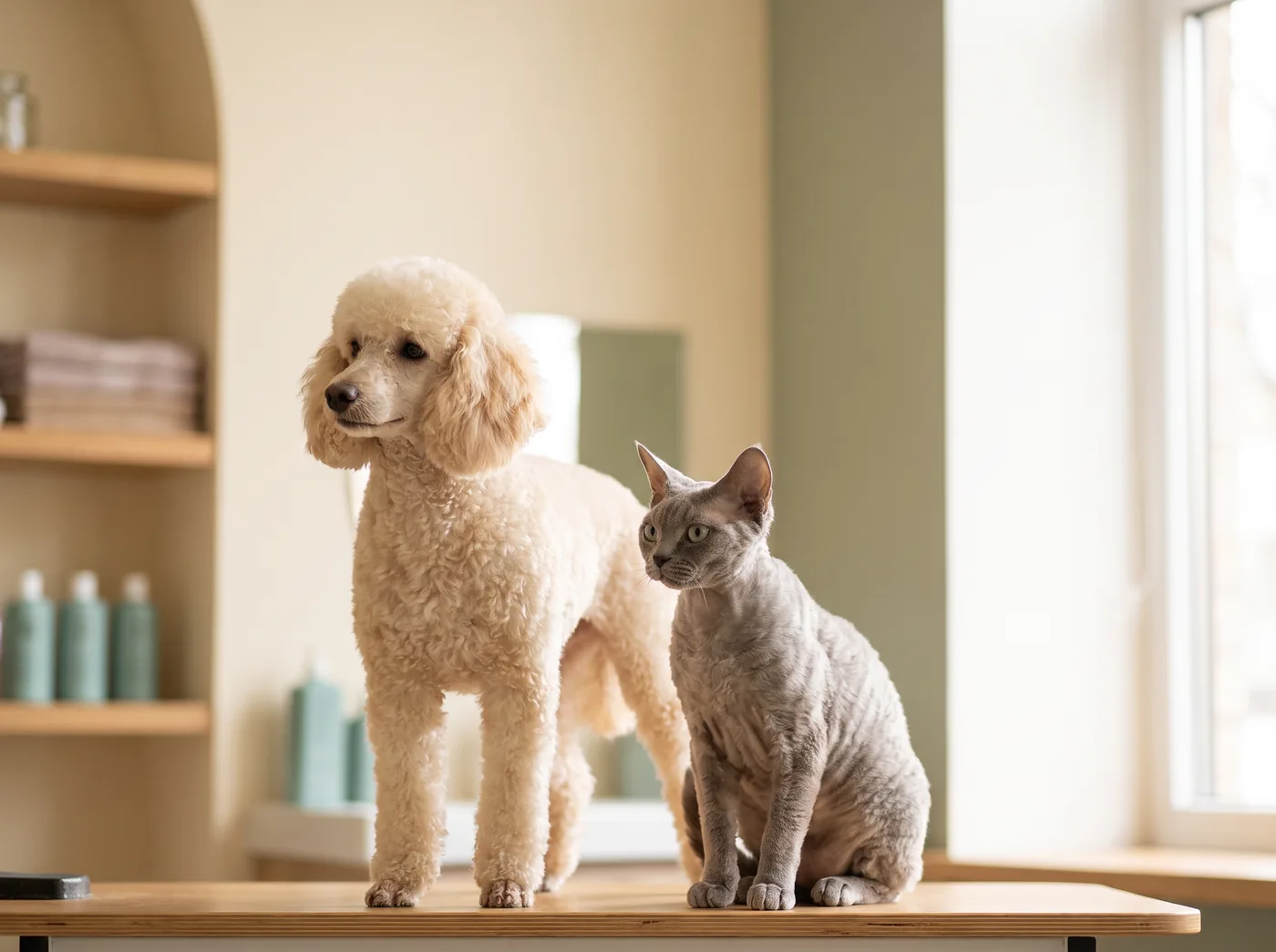 A Poodle and a Devon Rex, tight curl and soft wave, both coats that trap shed hair instead of dropping it