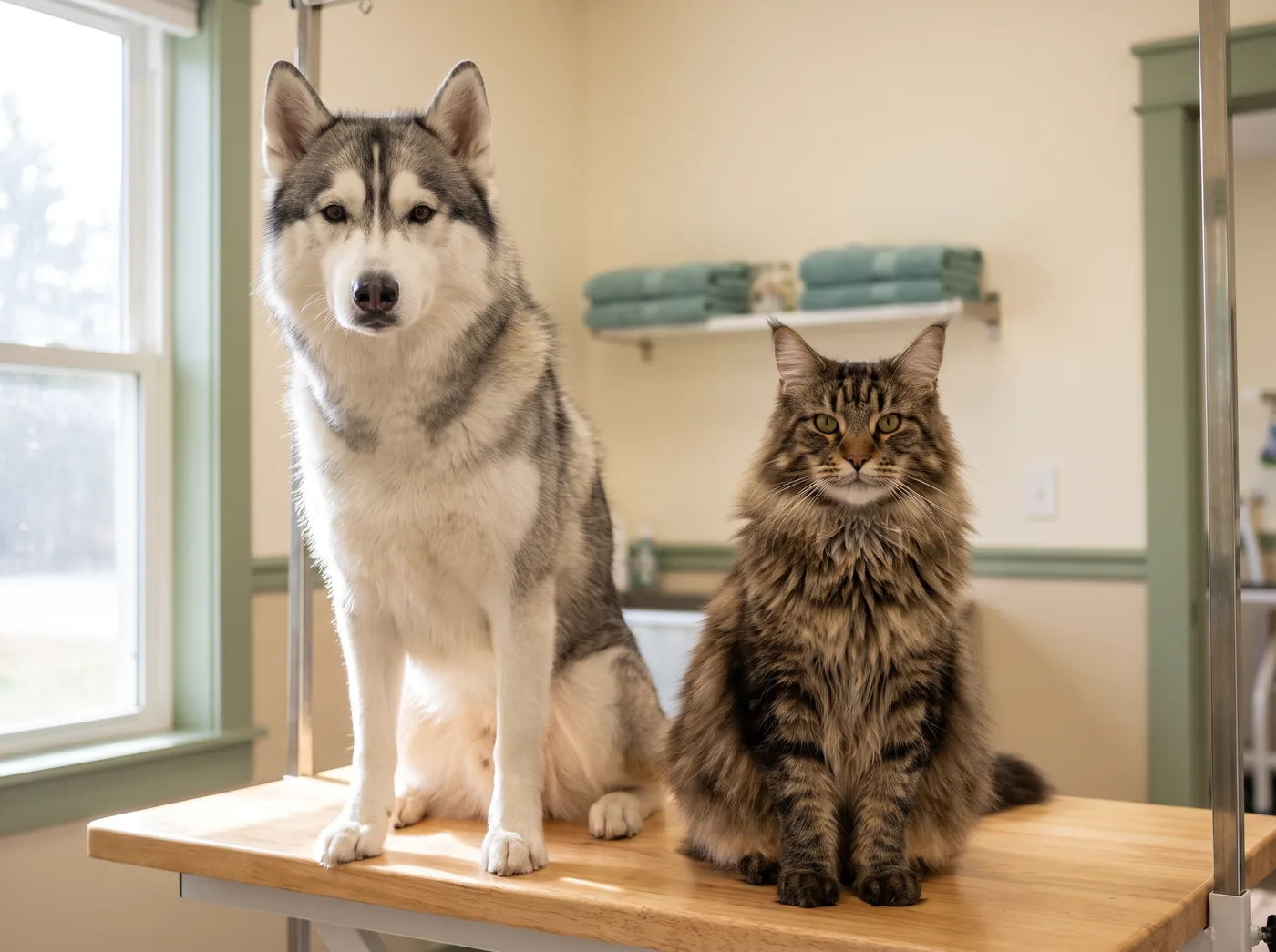 A Siberian Husky and a Maine Coon, both carrying the dense undercoat that defines a double coat