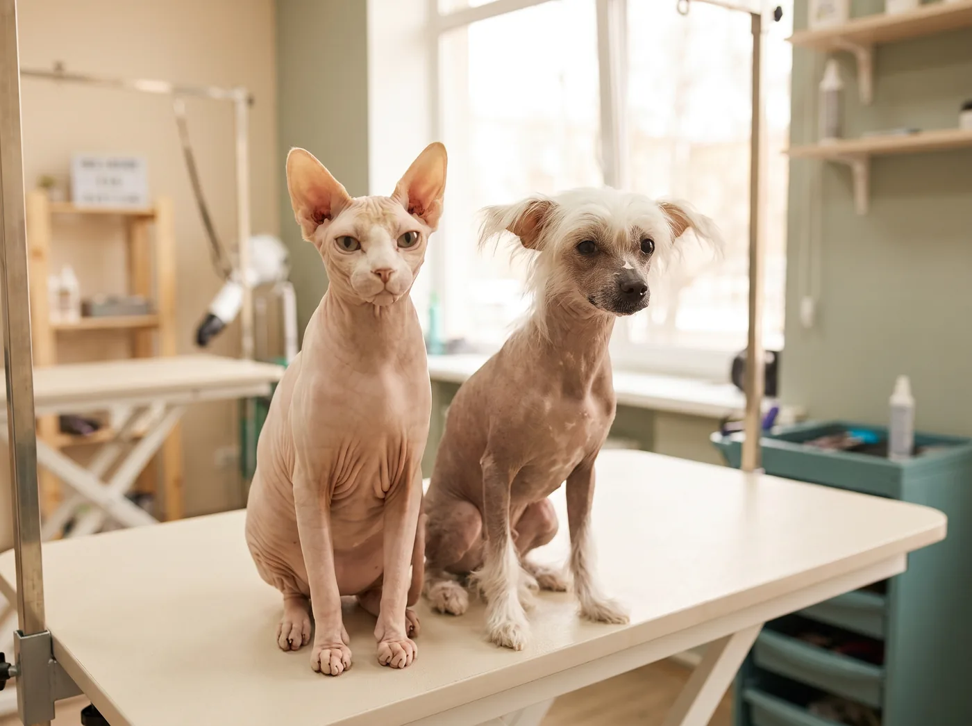 A Sphynx and a Chinese Crested, skin care rather than coat care