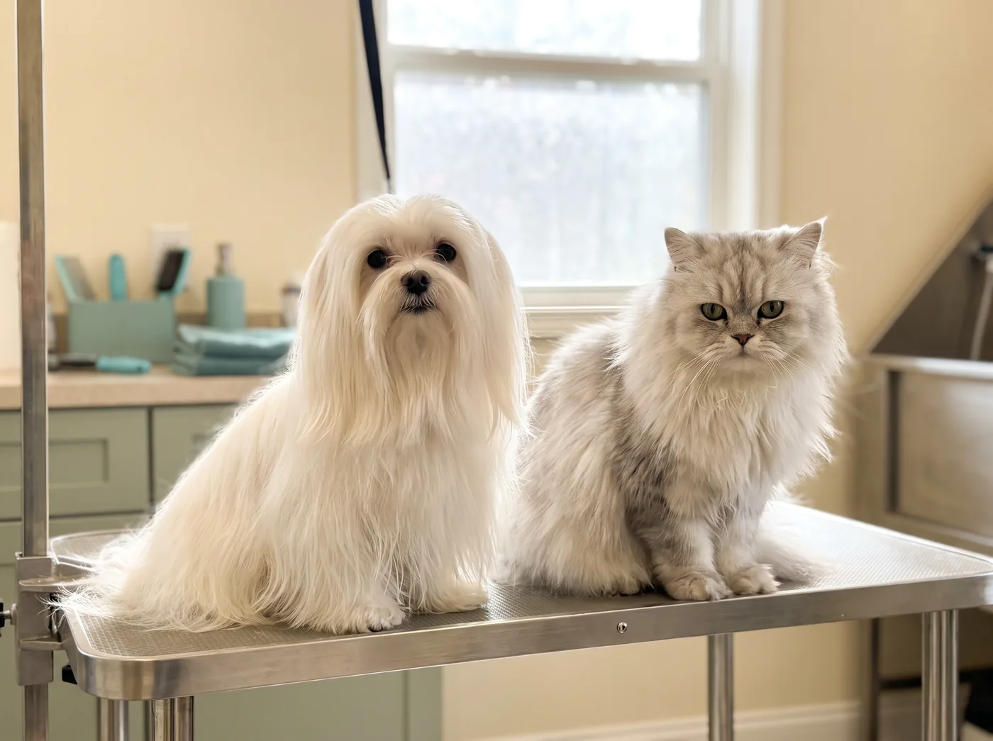 A Maltese and a Persian, long fine coats that keep growing rather than shedding out