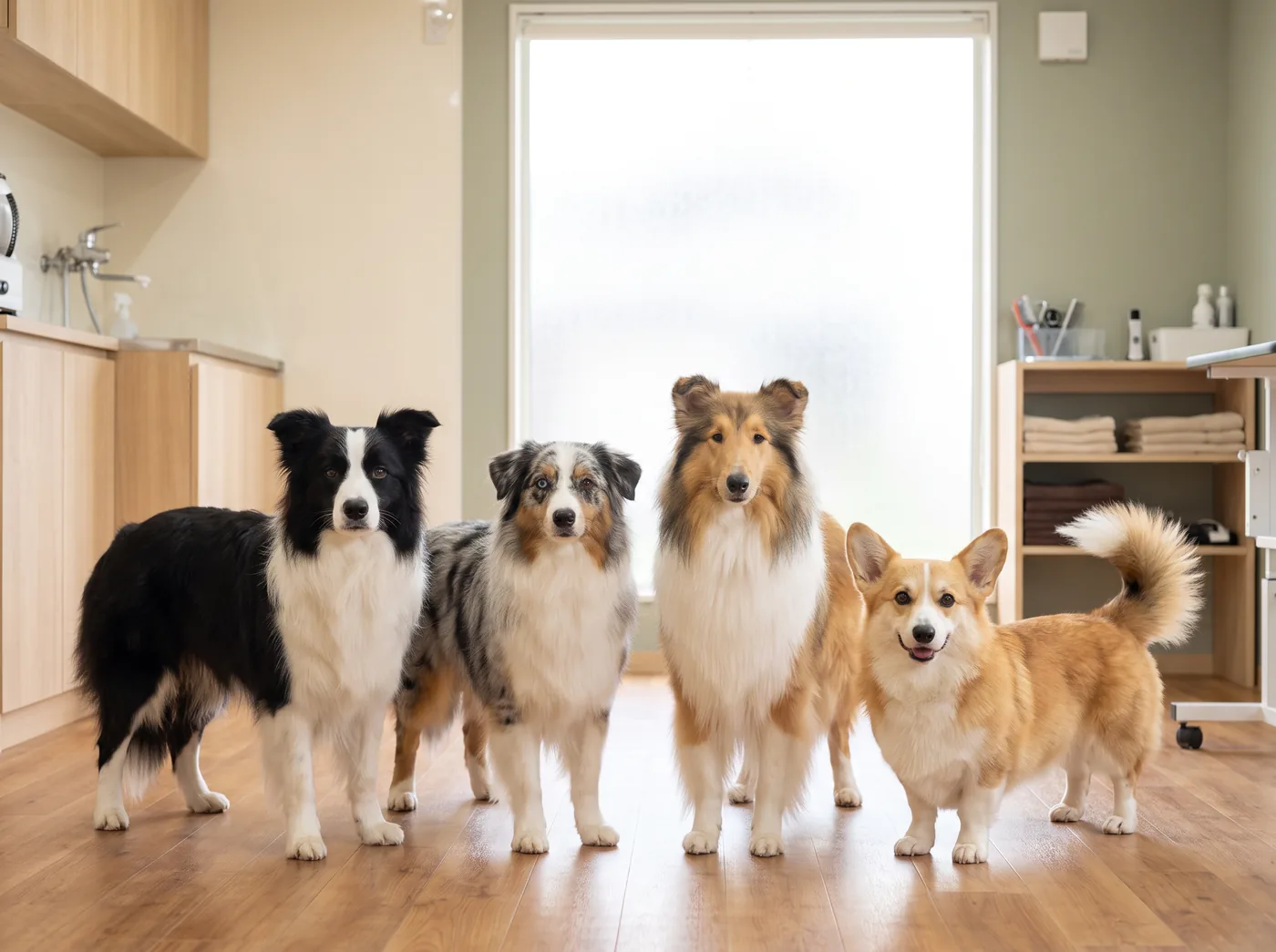 A Border Collie, an Australian Shepherd, a Rough Collie and a Corgi, weather-resistant coats built to sit outdoors