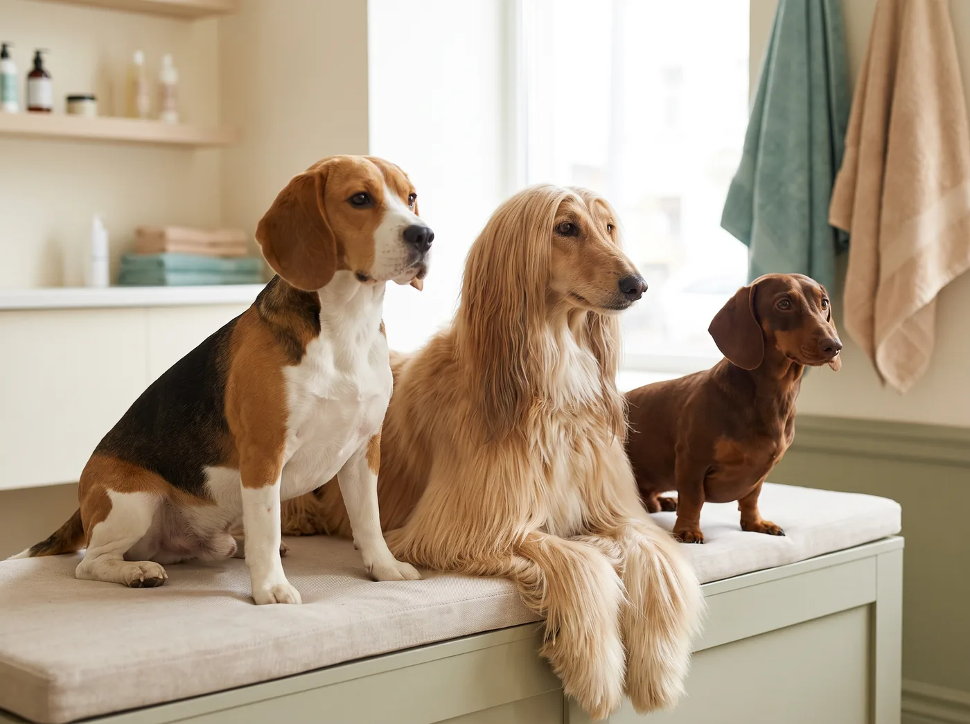 A Beagle, an Afghan Hound and a Dachshund, a group that splits between almost no grooming and the most of any breed