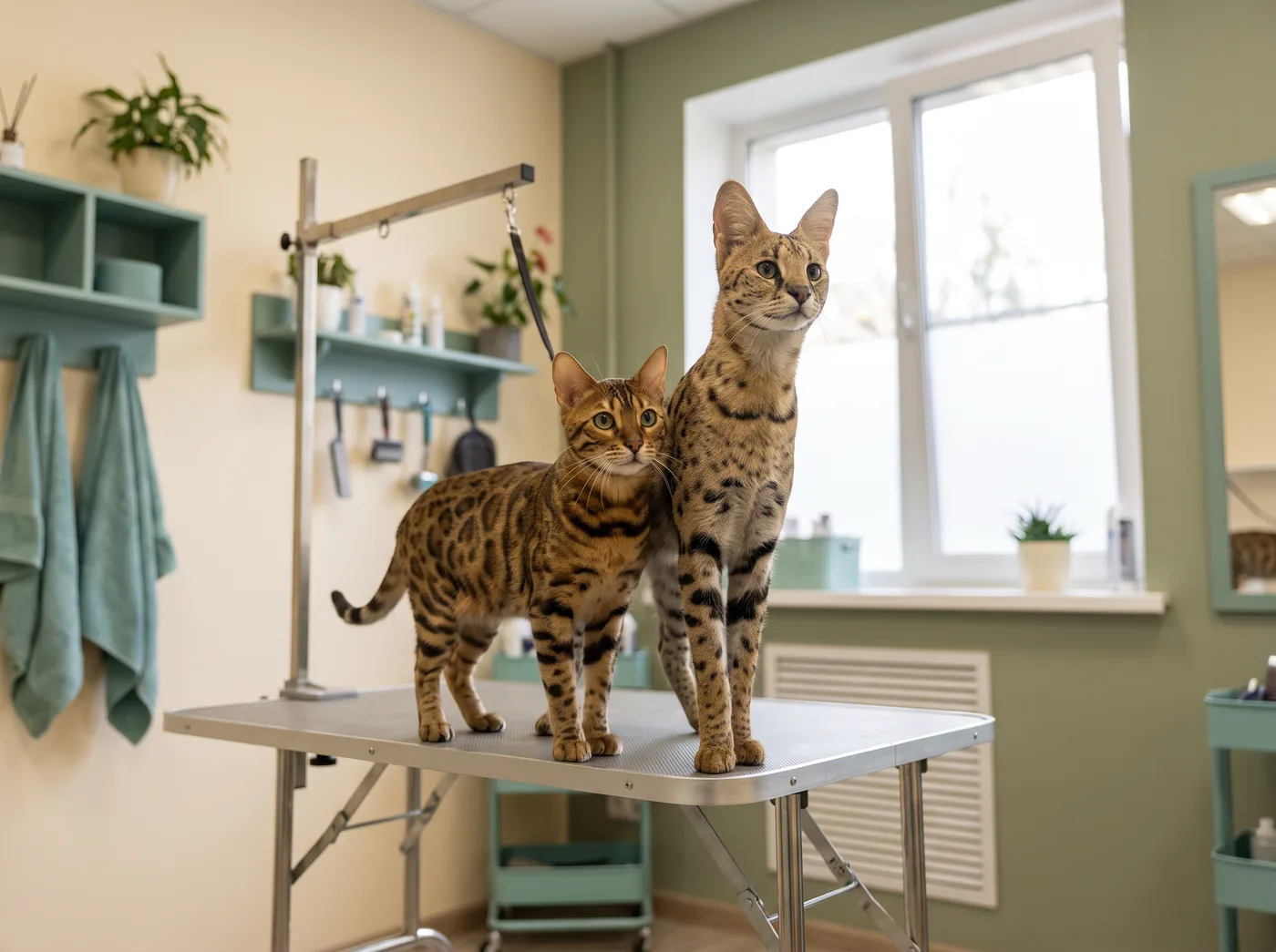 A Bengal and a Savannah, short pelted coats where handling is the real skill