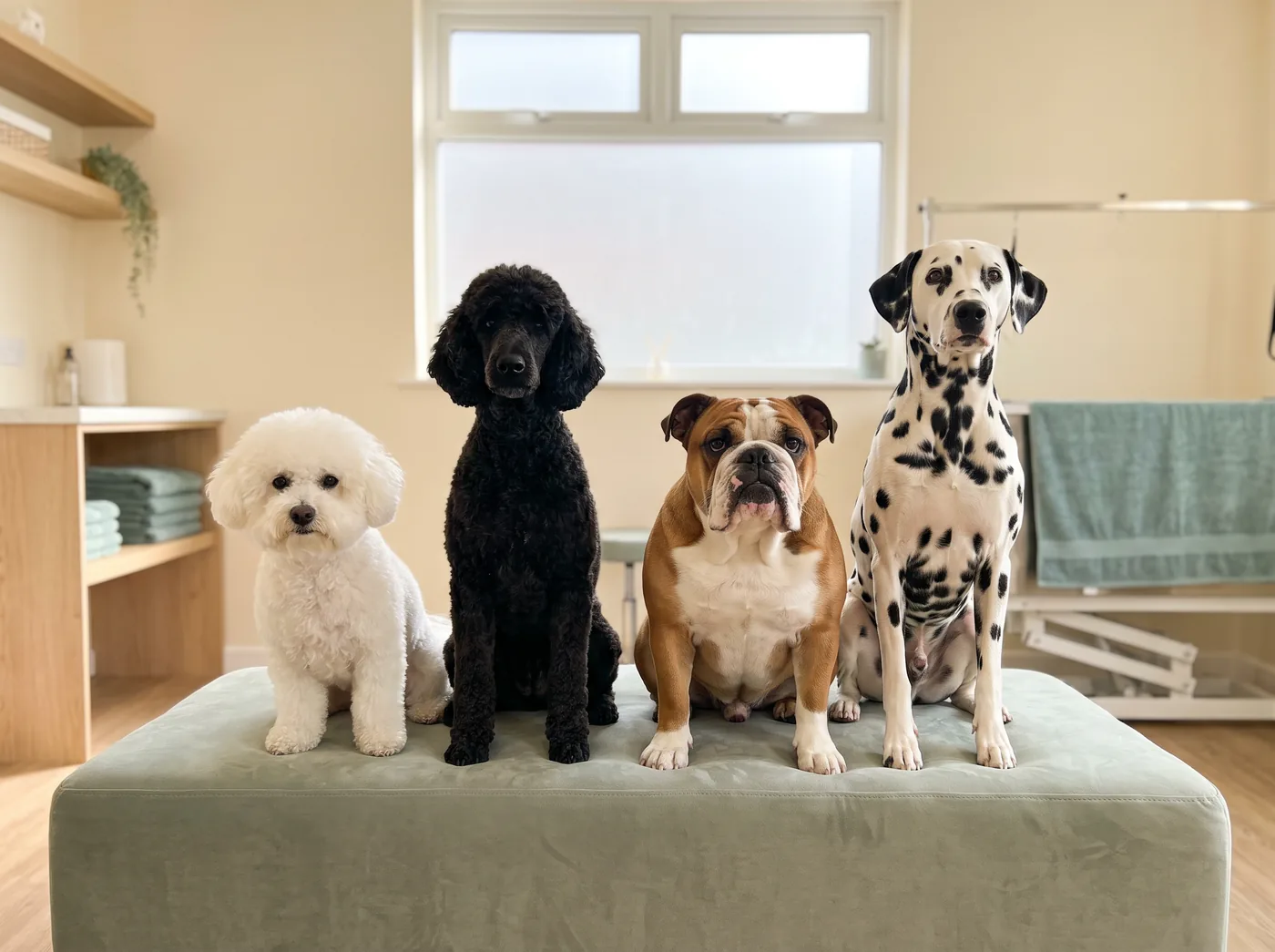 A Bichon, a Poodle, a Bulldog and a Dalmatian, the group with no single coat type