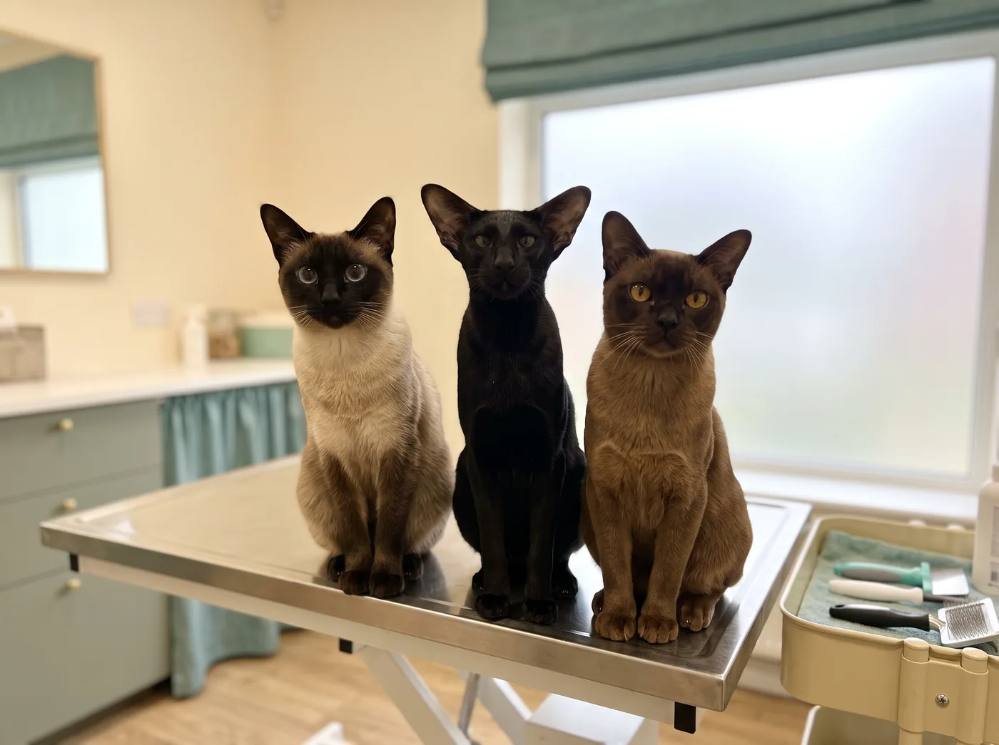 A Siamese, an Oriental Shorthair and a Burmese, fine close coats over a lean frame