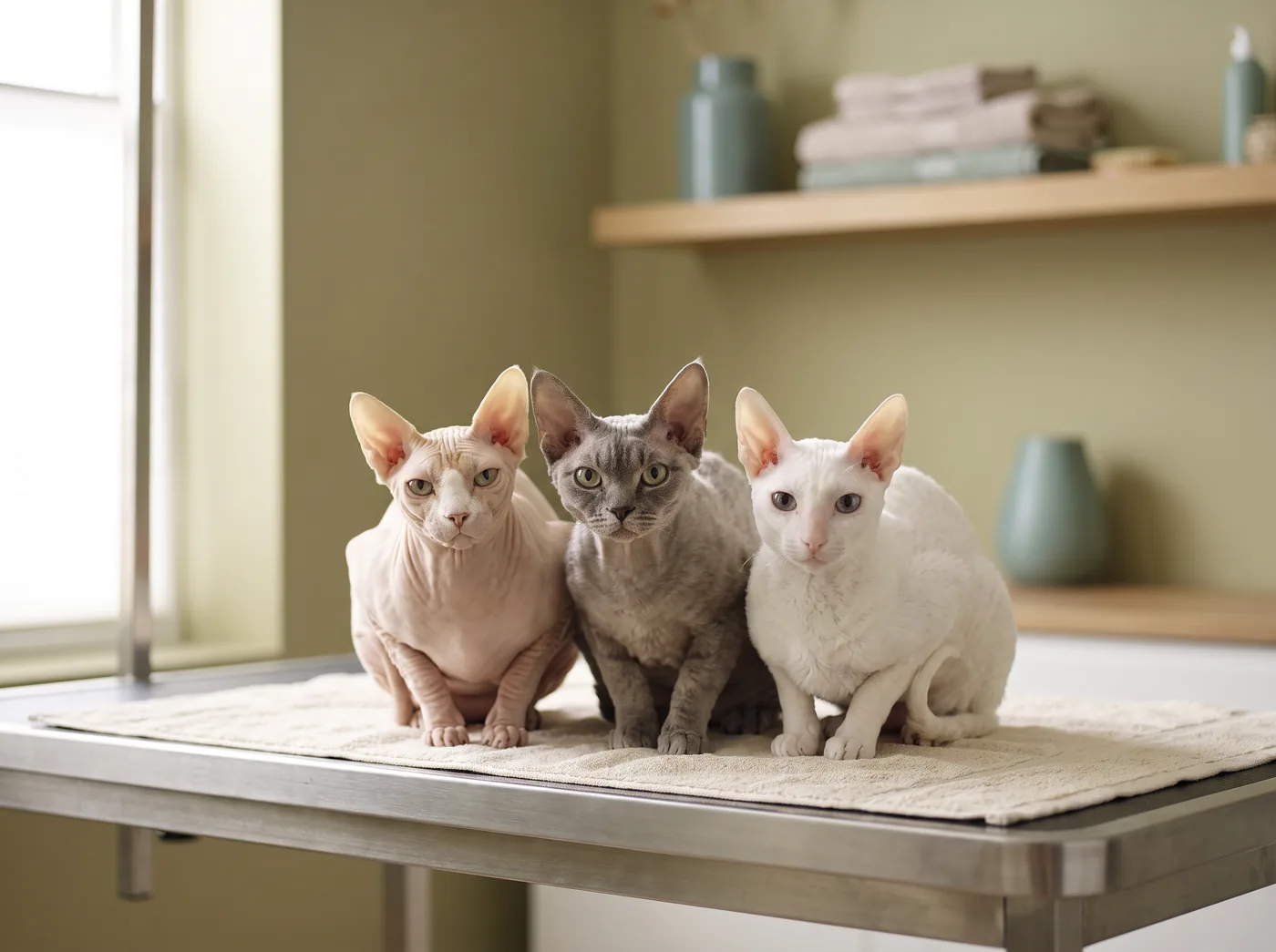 A Sphynx, a Devon Rex and a Cornish Rex, skin care rather than coat care