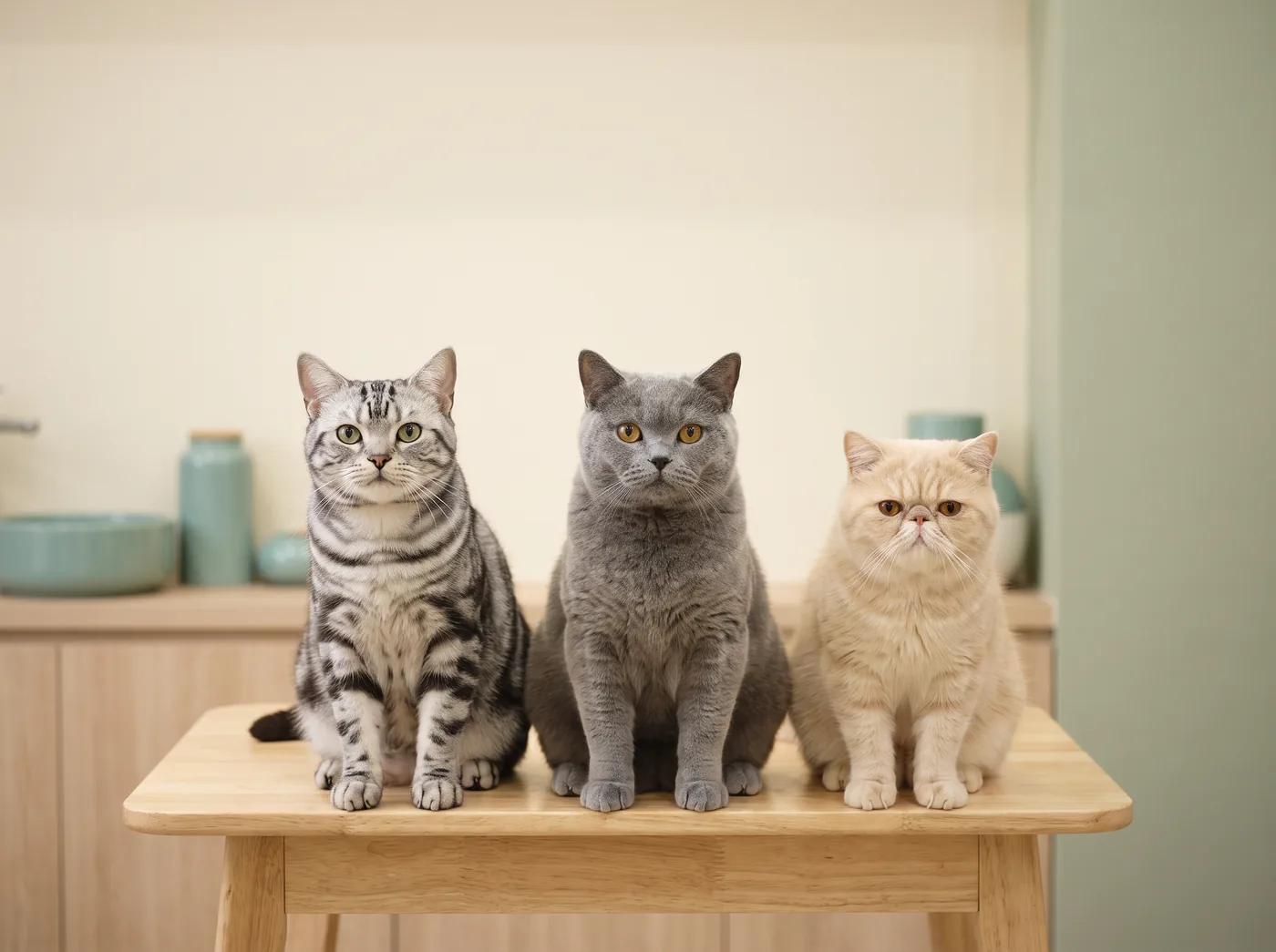 A British, an American and an Exotic Shorthair, dense plush coats that shed heavily and rarely mat