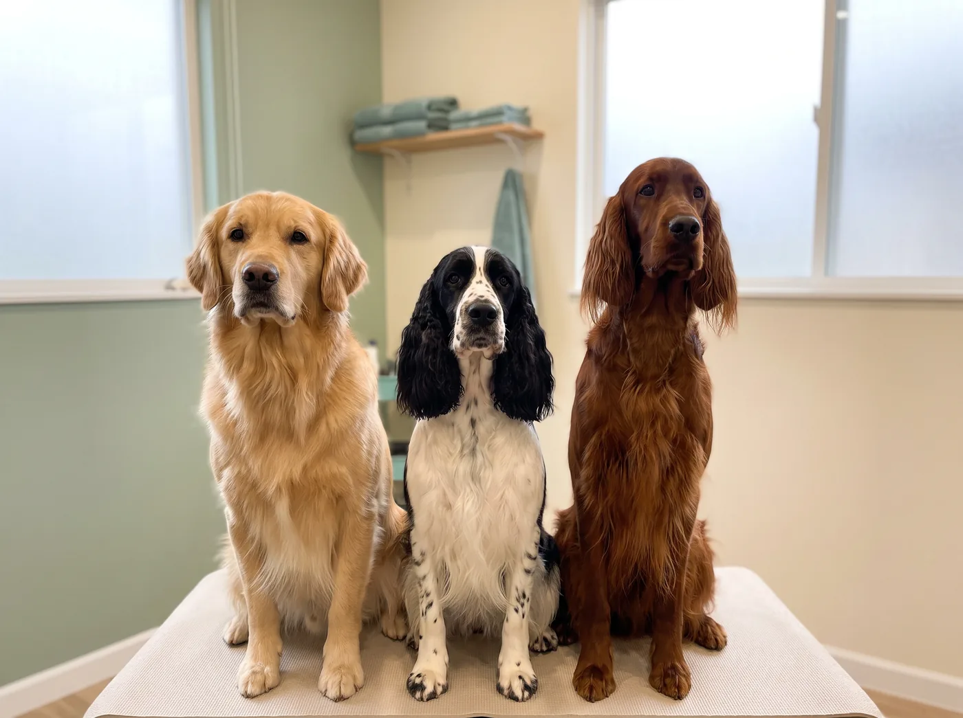 A Golden Retriever, a Springer Spaniel and an Irish Setter, all carrying the feathering that mats first