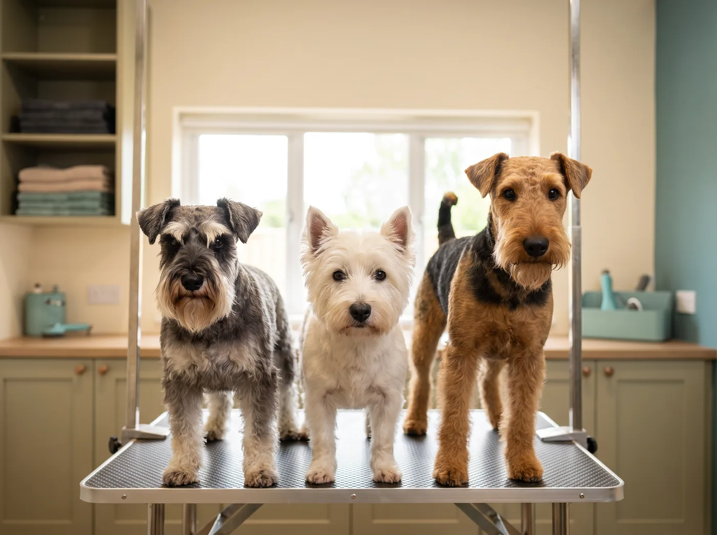 A Schnauzer, a Westie and an Airedale, the home of the hand stripped wire coat