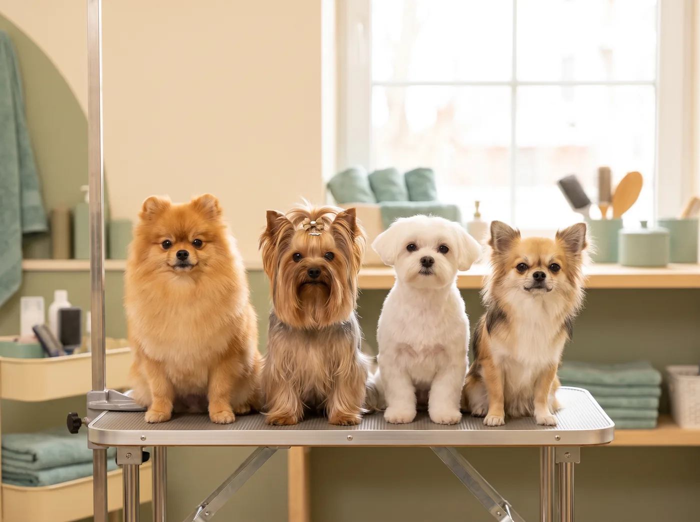 A Pomeranian, a Yorkshire Terrier, a Maltese and a Chihuahua, all under about fifteen pounds