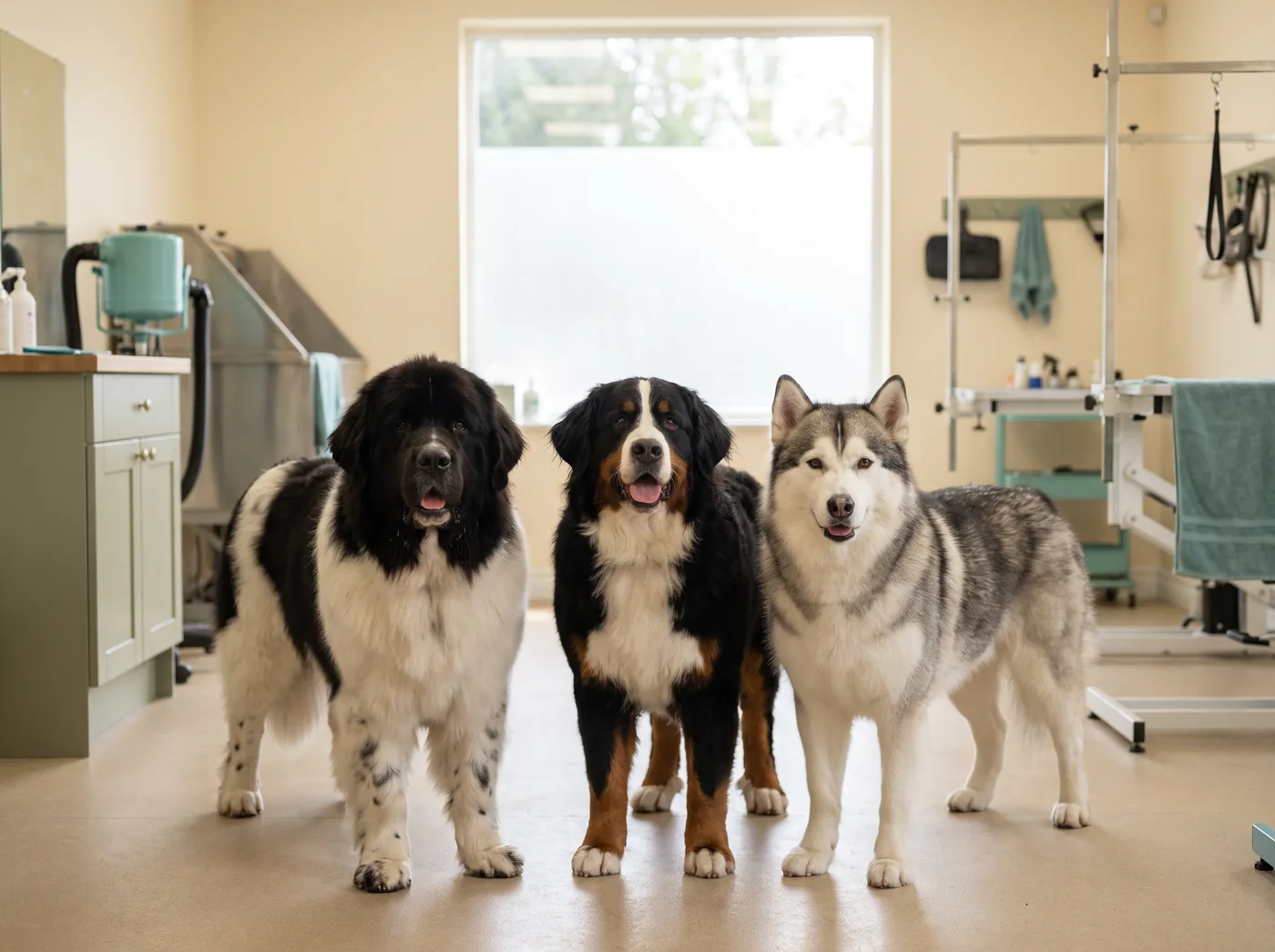 A Newfoundland, a Bernese Mountain Dog and a Husky, heavy double coats on large frames