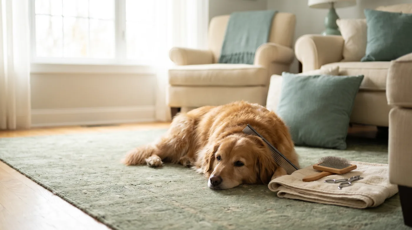 An owner combing a dog at home with a comb, slicker brush and nail clippers