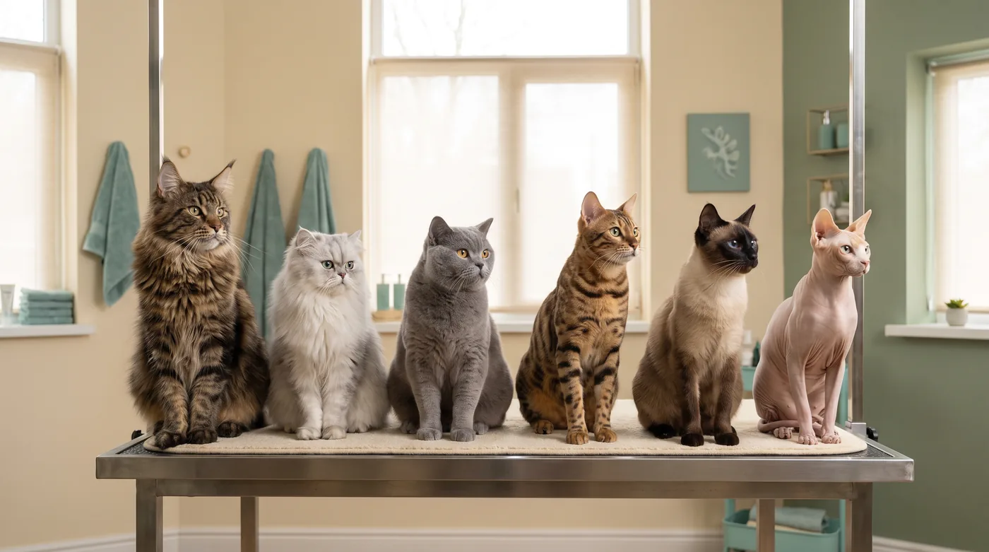 Cats of many breeds and coat types being groomed