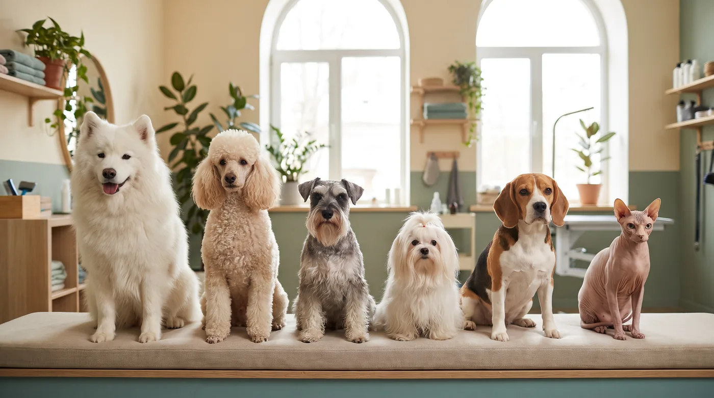 Six animals showing the six coat types, from a dense double coat to bare skin