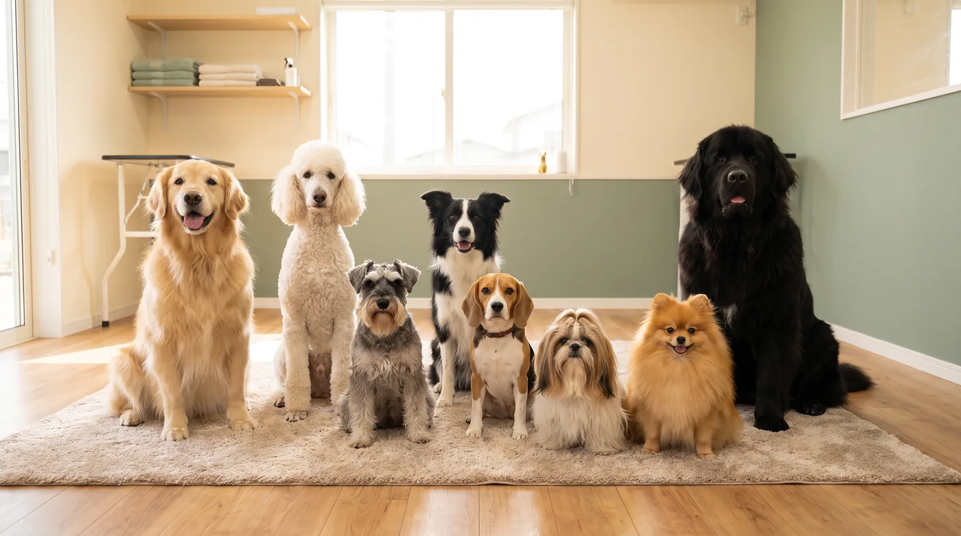 Dogs of many breeds and coat types being groomed