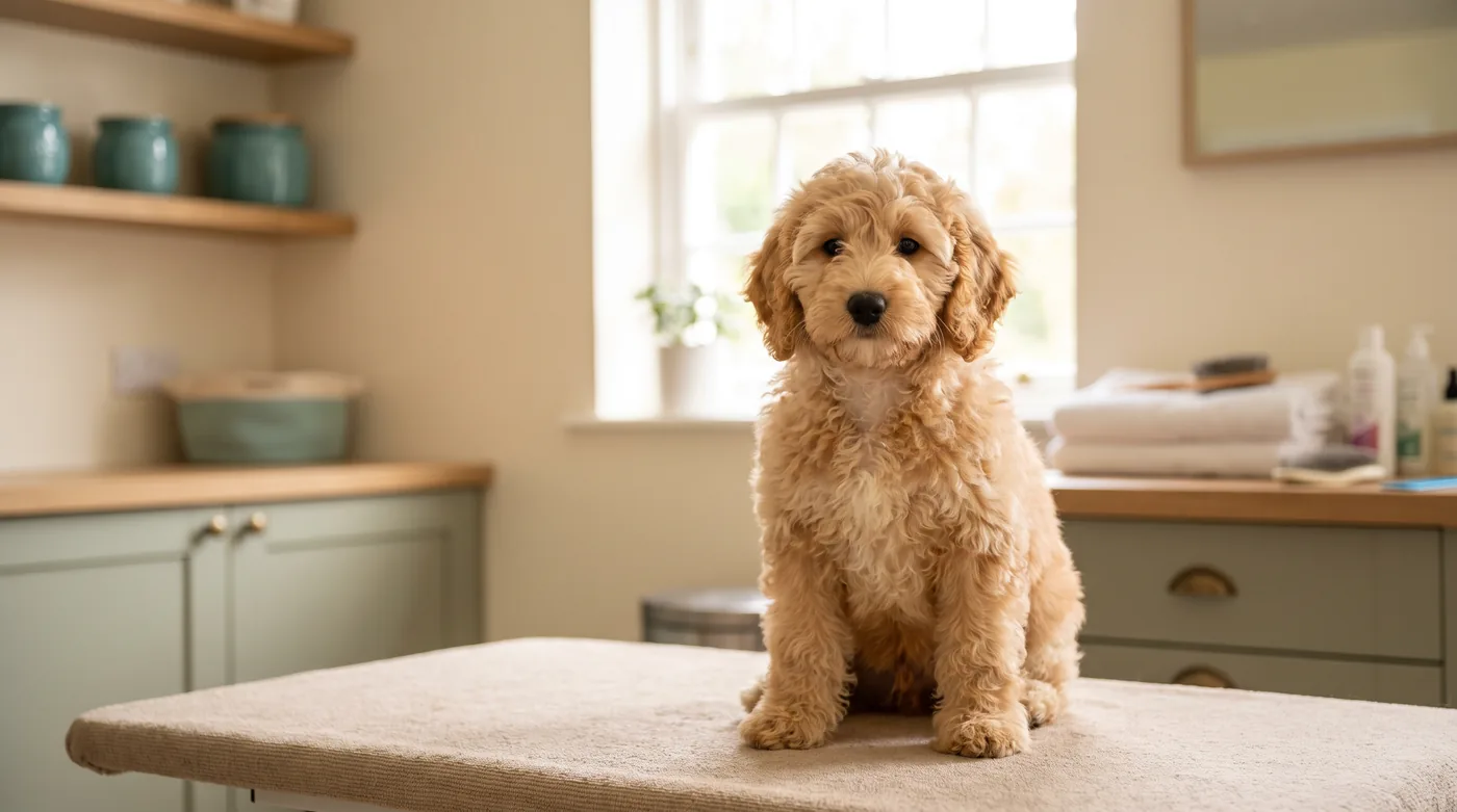 A puppy on a grooming table being handled gently at a first appointment