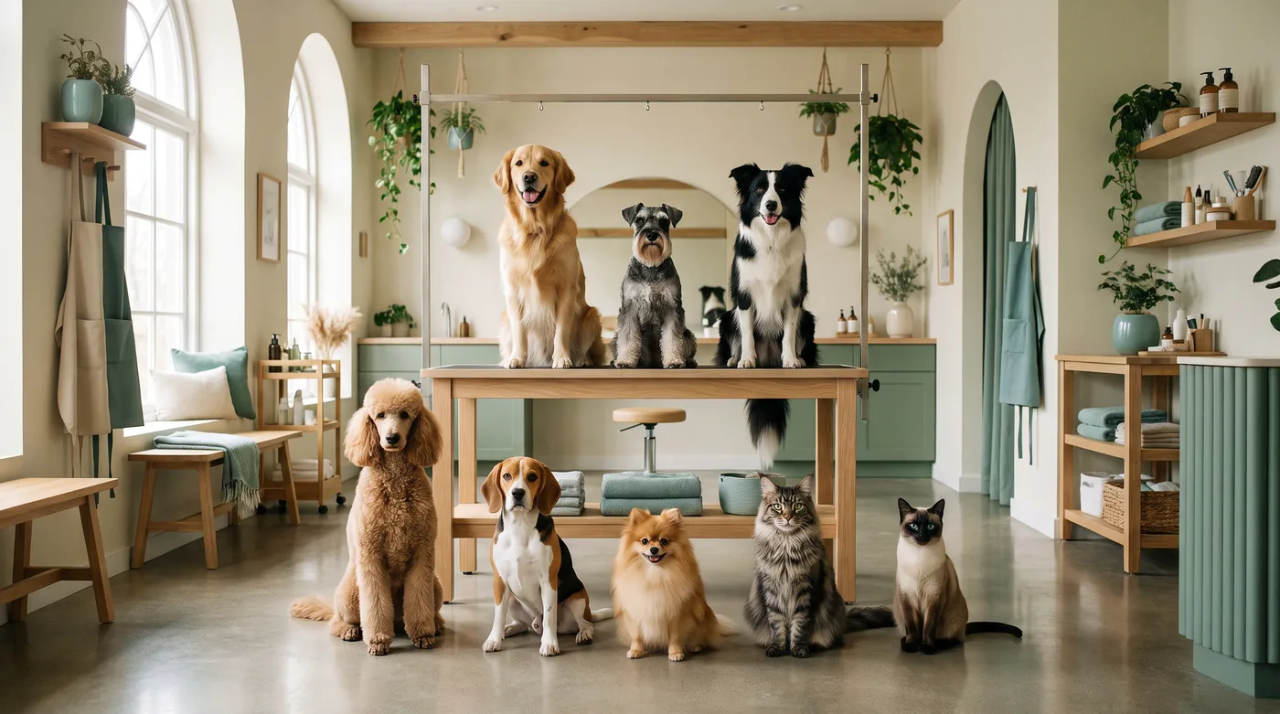Dogs and cats from a range of breed groups at a grooming salon