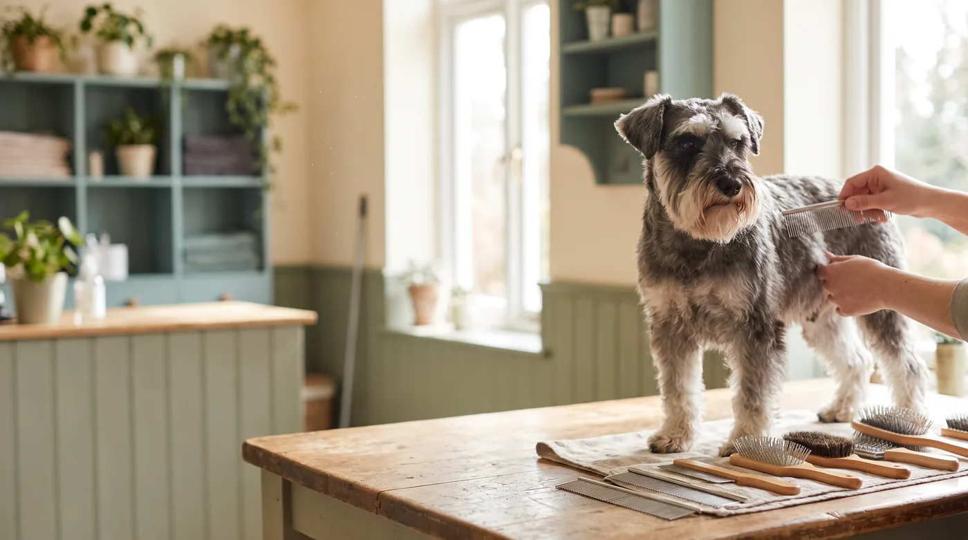 A dog in good coat being combed through on a grooming table