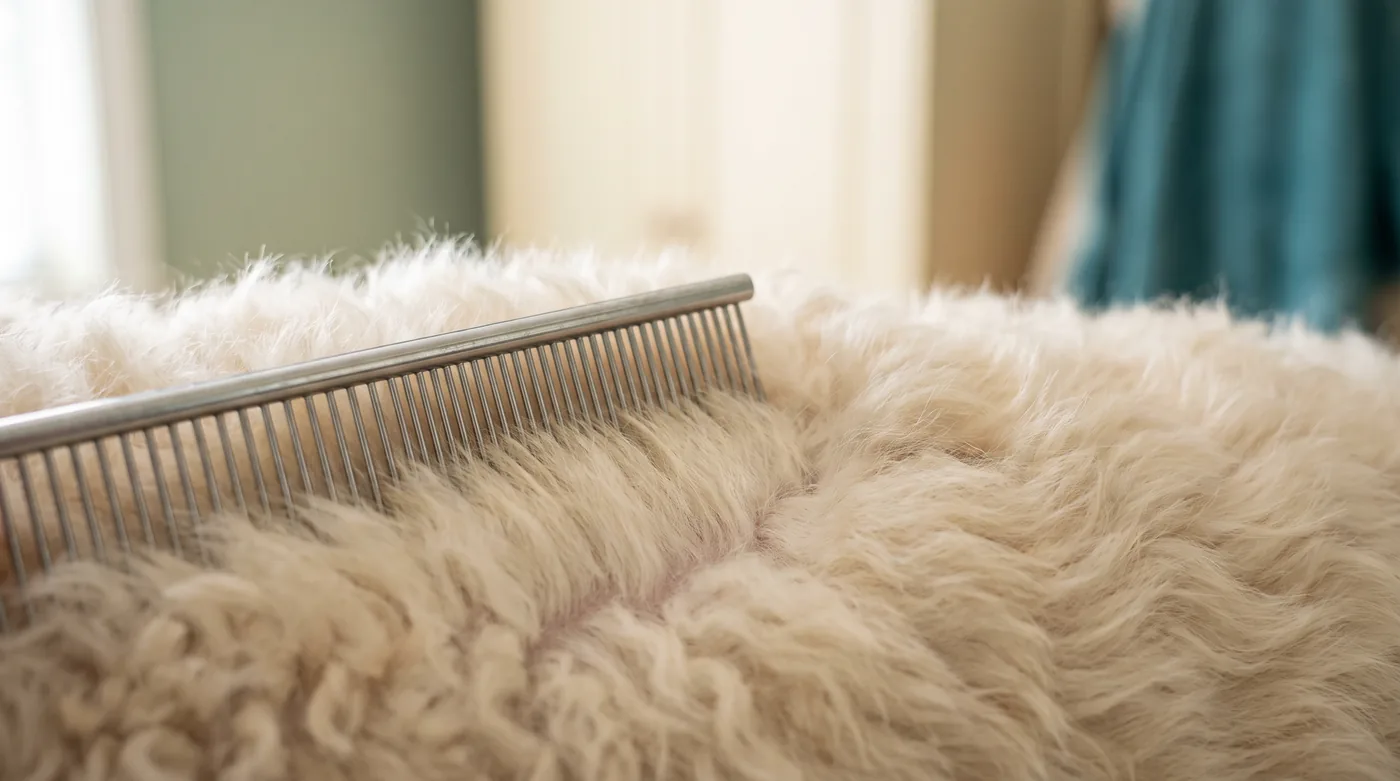 Hands parting a thick coat with a comb to reach the skin underneath