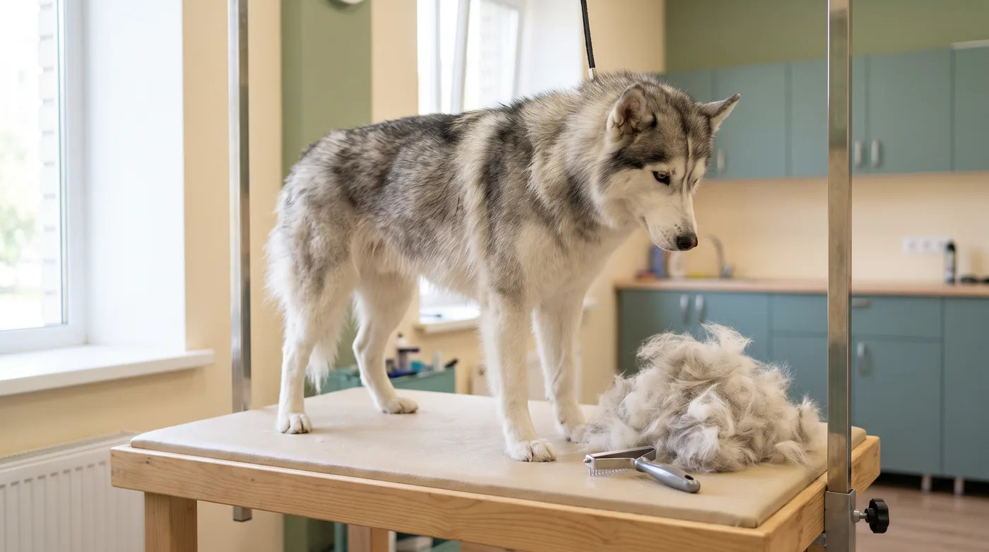 A Husky mid coat blow with the loose undercoat piled beside it