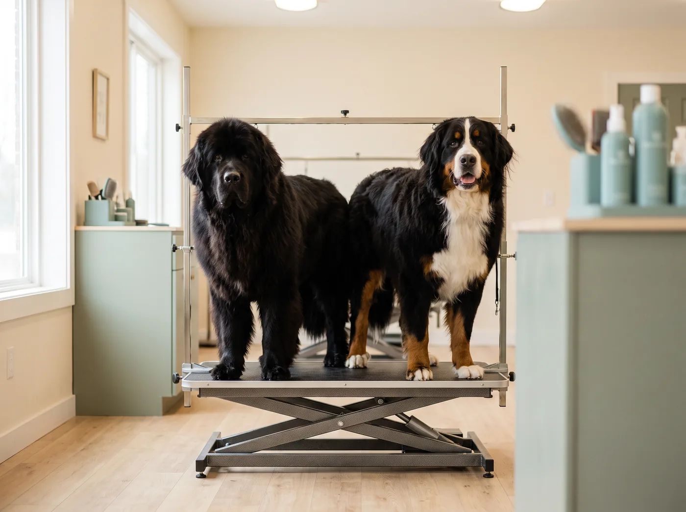 A Newfoundland and a Bernese Mountain Dog, a half day appointment and often two groomers