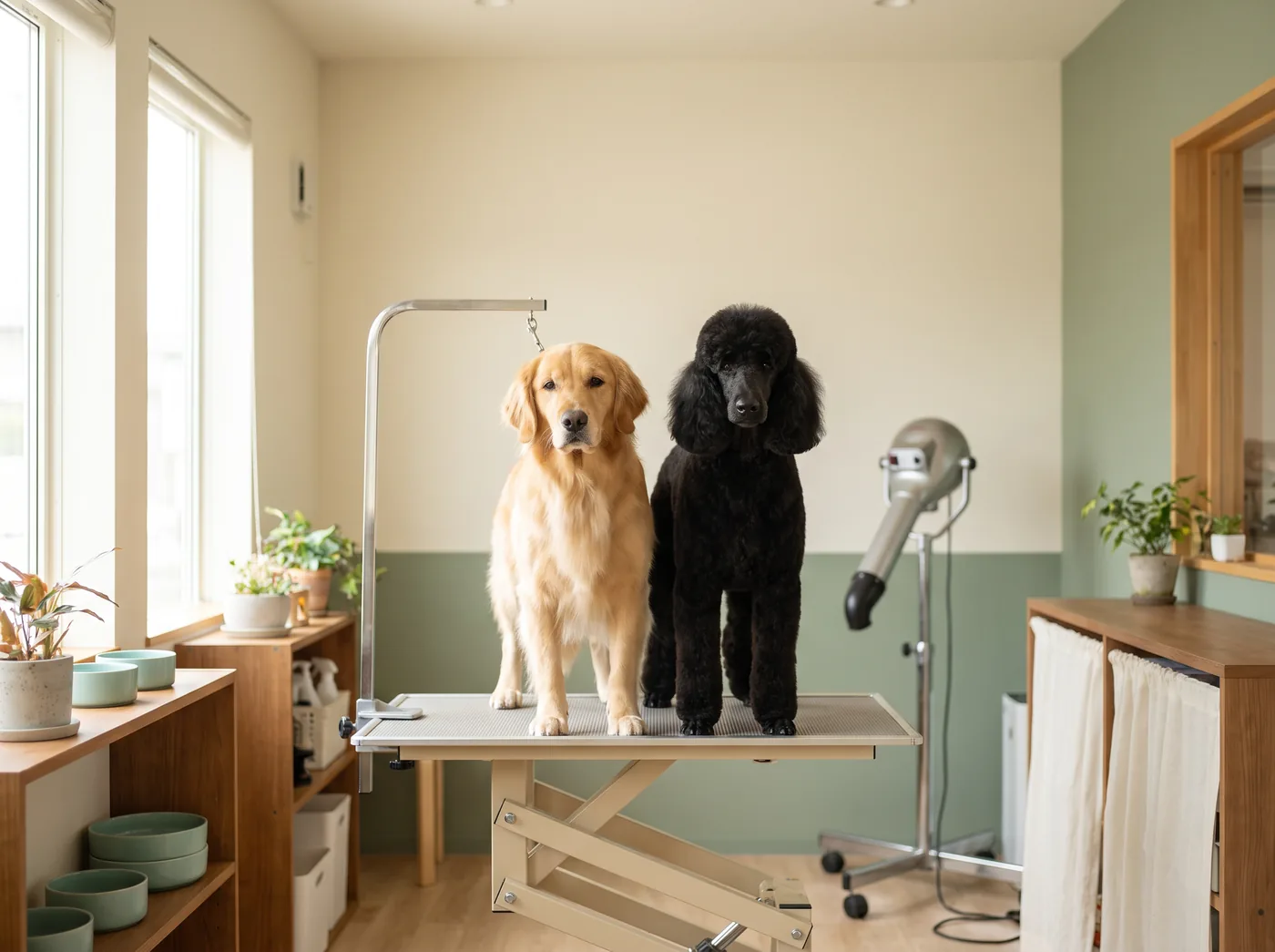 A Golden Retriever and a Standard Poodle, where drying takes longer than cutting