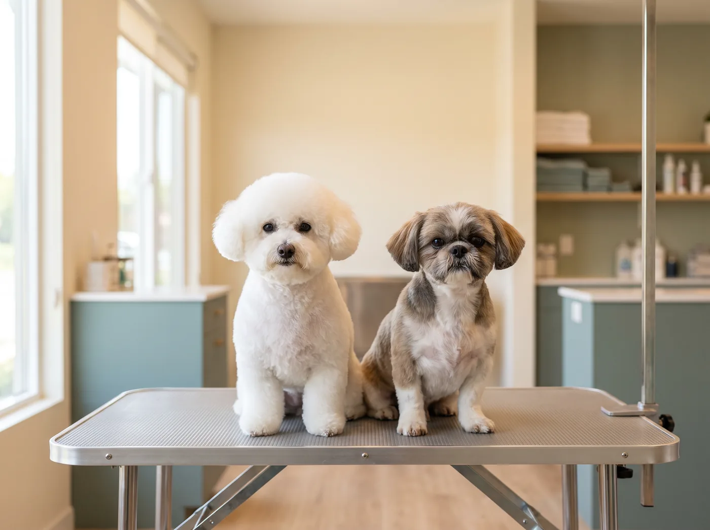 A Bichon Frise and a Shih Tzu, the ten to twenty-five pound range most grooming books are written around