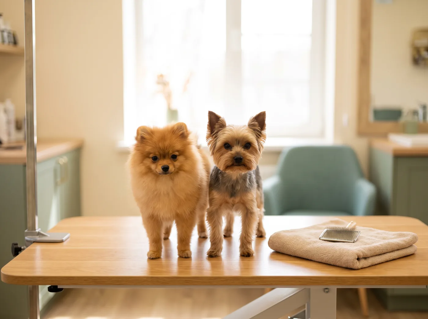 A Pomeranian and a Yorkshire Terrier, both under ten pounds